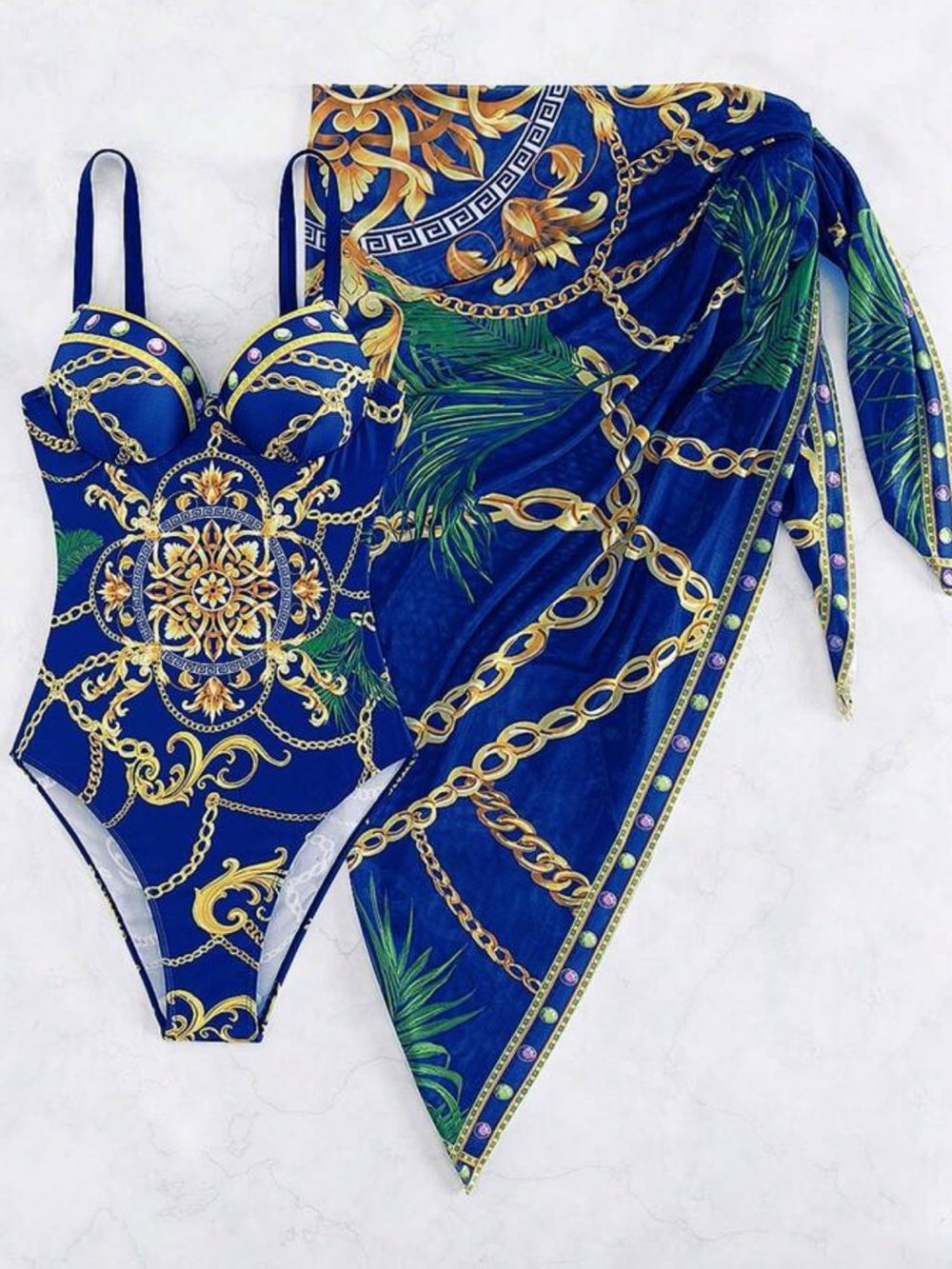 Navy Blue & Gold Chain Print One-Piece Swimsuit with Beach Skirt - Picture 4 of 5